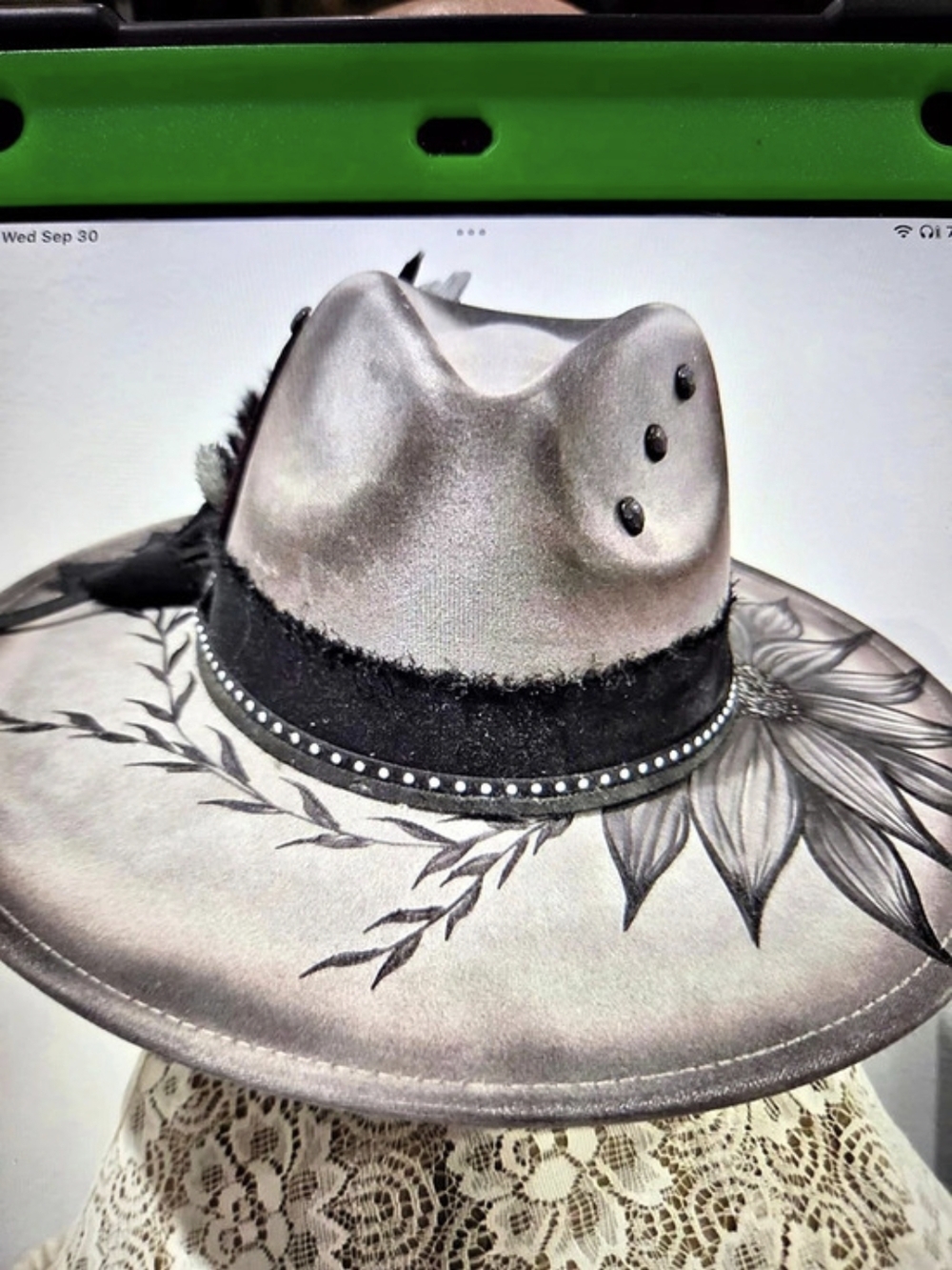Women Floral Western Hat in Gray & Black Like New. Hat Is Adjustable To Fit Most